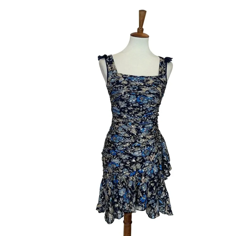 ML Monique Lhuiller Blue Floral Flounce Ruffle Mini Dress Size 4 Chiffon $545 - Picture 3 of 7